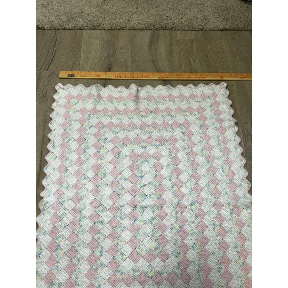 Handmade Crochet Baby Blanket Pink White Pastel Basketweave Vintage Style